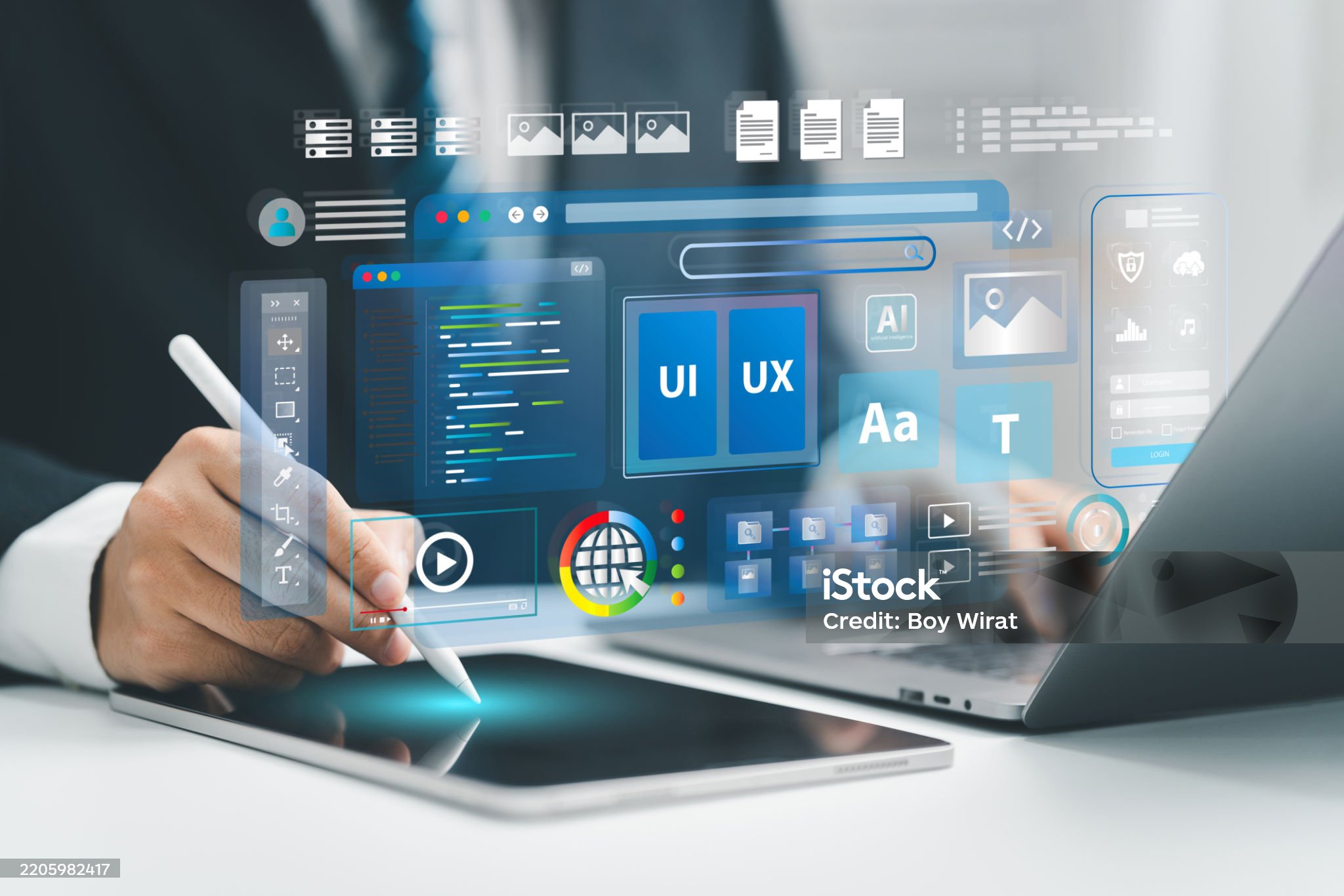 Web UI-UX design, web development concept. A web developer works on a website, surrounded by holographic displays of code, icons, and data visualizations. Web design, application design, coding.