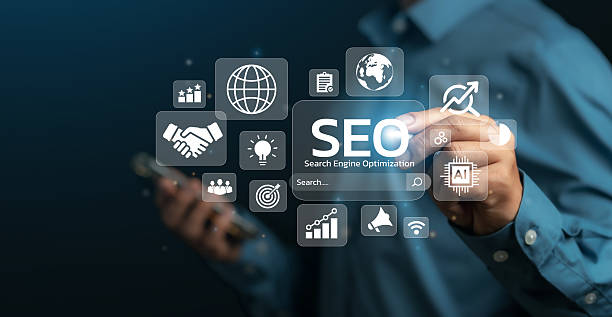 Businessman Analyze Optimize Web Banner Search Engine SEO For Business And Marketing Website Traffic Ranking Optimization Links And Keywords